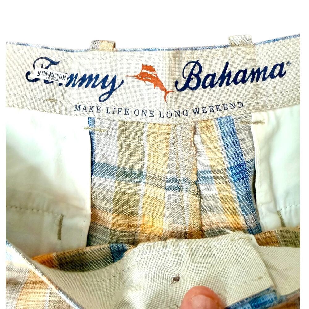 Tommy Bahama Linen Plaid Shorts Mens M Madras Yellow Blue Coastal Grandpa Resort